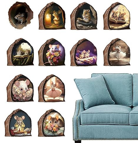 Visiblurry -Mausloch-realistischer Wandaufkleber, lustiger Mausloch-Wandaufkleber, Maus-Lesebuch, leuchtet im Dunkeln, PVC, Bezaubernder Aufkleber „Maus in einem Loch“ zum Abziehen und Aufkleben