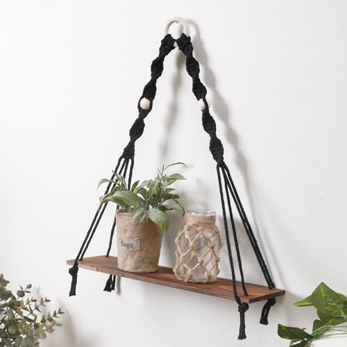 Artilady Makramee Schwarzes Schweberegal - Boho Holz Wandregal Hängende Dekor, Rustikale Hängende Lagerregale Handgewebt Pflanzenregal Dekor für Schlafzimmer Wohnzimmer Kinderzimmer Wohnheim Zimmer