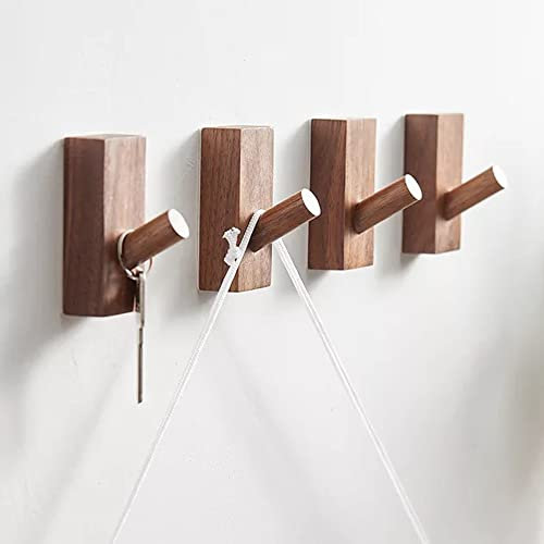 HomeDo 4Pack Wooden Coat Hooks Wall Mounted,Adhesive Decorative Single Organizer Hat Rack,Wood Heavy Duty Entryway Wall Hangers for Hanging Towels, Clothes, Bags (Rectangle Walnut, 4Pack)