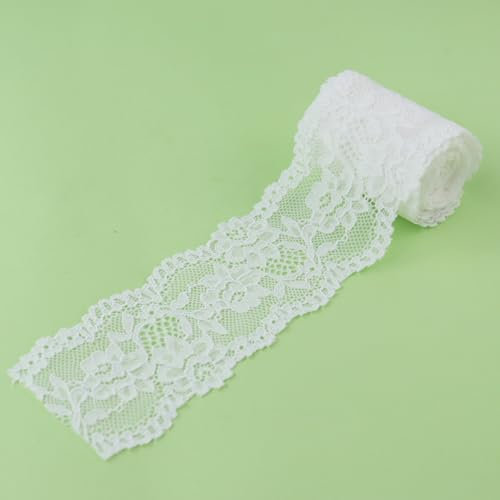 Duuclume 6,1 cm x 4,5 m Vintage-Spitzenstoff, weißer Spitzenbesatz, elastisches, dehnbares Band – perfekt für Basteln, Hochzeit, Geschenkverpackung, Zuhause, Weihnachten, Halloween-Dekoration
