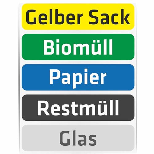 INDIGOS UG - Mülleimer Aufkleber - 5 Stück - 110x25 mm - Biomüll - Restmüll - Gelber Sack - Glas - Papier - zur Beschriftung Mülltonne - privat - Hausgemeinschaft - Firma - Büro