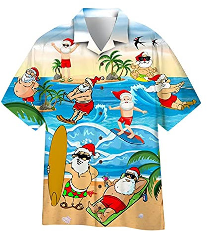 GREGG Funky Santa Hawaiian Shirt for Men - Short Sleeve Button Down Summer Beach Casual Shirt (Xmas F, X-Large)