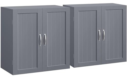 Yaheetech Lot de 2 Armoire Salle de Bains Murale, Meuble WC Suspendu, Etagère Hauteur Réglable, 2 Portes, Toilette/Cuisine/Salon Gris Foncé, 59,5 × 31 × 59,5 cm