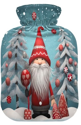 Happy Christmas Gnome Trees Hot Water Bottle with Cover Hot Water Bottles for Pain Relief Hot Water Bag Heating Bottles for Women Girls Kids, 1L