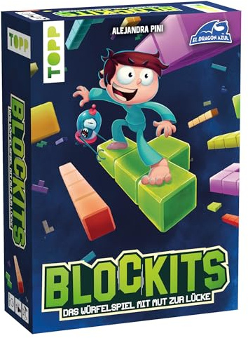 TOPP Blockits – Das Würfelspiel mit Mut zur Lücke: Puzzelig-passgenaues Roll & Write, bei dem die Zettel um den Tisch wandern, Blue