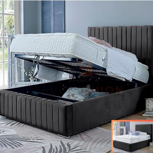 Furnishion Small Double Bed with Storage - Steel/Dark Grey Plush Velvet Small Double Ottoman Bed with Mattress Included - Upholstered Panel Bed