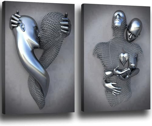 JNAOZI Statue 3D en métal Peinture sur toile Amour câlin Poster amoureux Sculpture Poster Abstrait Toile Photos Affiche, Sans cadre (Poster 01, 40 x 60 cm x 2 pièces)