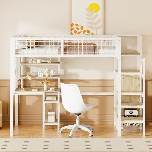 Moimhear Cama alta de 90 x 200 cm con escalera de seguridad, cuna con marco de hierro, armario y escritorio para ordenador (blanco), LDB00051-CL
