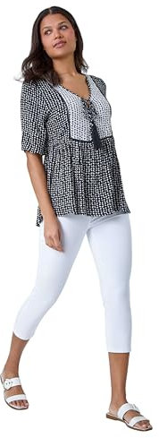 Roman Originals Summer Top for Women UK Ladies Swing Tunic A Line Blouse Ladder Trim Shirt Spring Casual Smart Holiday Party Beach Cruise Gathered Waist Loose Work - Black - Size 16