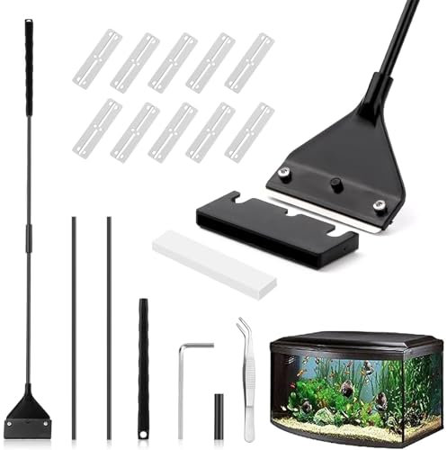 Acuario de Vidrio Cuchilla Rascadora, Raspador de Algas, Herramientas de Limpieza Algas, Raspador de Algas para Acuario, Limpiar de Rascador de Algas, 62 cm, con Pinzas, 10 Cuchillas