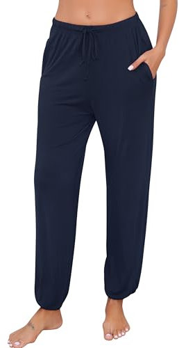 Lovasy Pantaloni Pigiama Donna Inverni Caldo Pantaloni Casa Lunghi Pantaloni Pigiama in Cotone Leggeri Morbidi Pantaloni da Notte con Tasche per Casa Casual C Blu Navy S