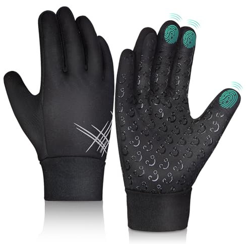 AOTOW Kinder Handschuhe Winter Fahrradhandschuhe - Touchscreen Reithandschuhe Thermo Fleece Kinderhandschuhe Winddichte Fahrrad Winterhandschuhe mit Anti-Rutsch für 4-12 Jahre Jung Mädch Kind Schwarz