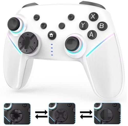 Cehensy Controller per Switch/Lite/OLED/PC,Controller Switch con LED RGB a 9 Colori, Batteria da 950 mAh,6-Axis Gyro,Doppia Vibrazione,Turbo,Wireless Switch Pro Controller per Joystick Gamepad,Bianco