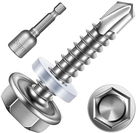 25 Stück Sechskant Bohrschrauben 4,8 x 25 mm, Selbstschneidende Schrauben, Edelstahl Blechschrauben Spenglerschrauben Trapezblechschrauben mit Dichtscheibe und Sechskant Steckschlussel