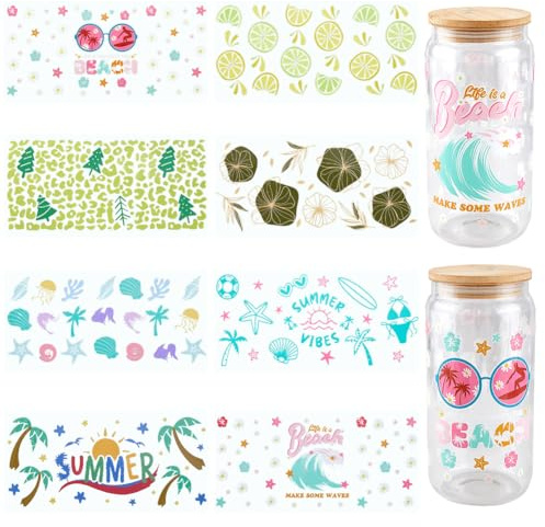 SOFPLATE 8Pcs 8 Styles UV DTF Cup Wrap Summer Glass Cups Wraps Bulk Transparent Plastic Green Sea Ocean Beach Lemon Flower Leaf Transfer Waterproof Decals Stickers for Tumblers Wood Decor DIY Crafts