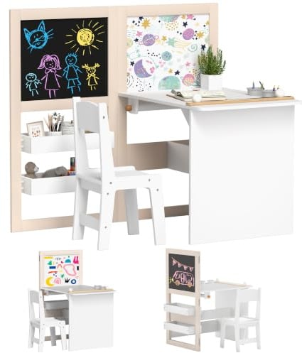 AIYAPLAY Kindertisch- und Stuhlset, 3-in-1 Kunst, klappbar, 3-8 J., Weiß | Kleinkindertisch und Stuhlset, Aufbewahrungsregale, Tafel, Whiteboard & Rollpapier