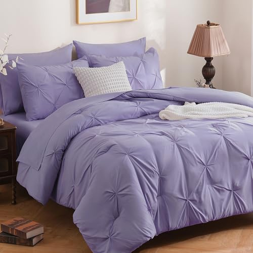 DOWNCOOL 7-teiliges Bettwäsche-Set für King-Size-Betten, Lavendel-Violett, Biesenbett in Einer Tasche, Quetschfalten, King-Size-Bettwäsche-Set, Ganzjahres-Bettwäsche-Sets mit Bettdecke, Bettlaken