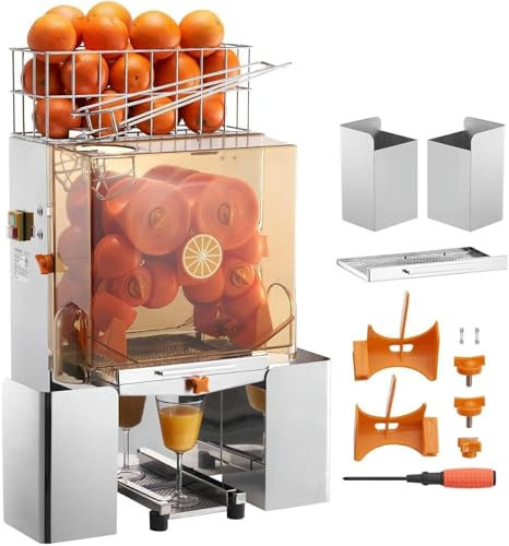 FKINGLRK Commercial Orange Juicer Machine 120W Automatic Juice Extractor with Pull-Out Filter Box PC Cover 2 Peel Collecting Buckets Stainless Steel Squeezer for 20 Oranges Per Minute
