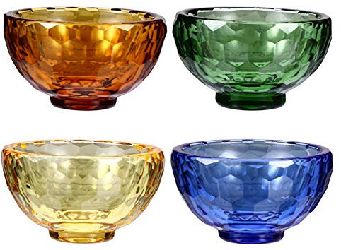 Garneck Lot De 4 Bols Bouddhistes D'offrande 6 Cm En Cristal Artificiel Transparent, Légers Et Faciles à Nettoyer, Pour Rituels Religieux Et Offrandes D'eau Bénite, Couleurs Jaune, Vert, Bleu Et Brun