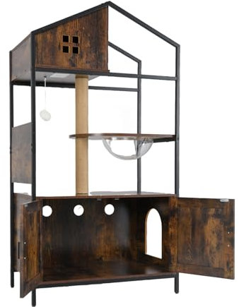 GYMAX Árbol rascador 3 en 1 de 150 cm, con caja de arena para gatos, armario y plataformas, árbol para gatos con columna rascador y hamaca transparente