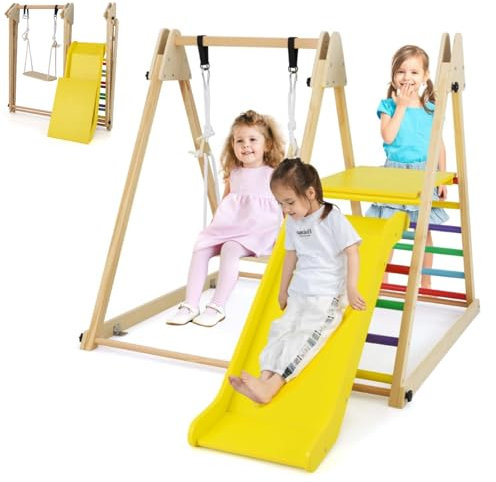 Maxmass 3-in-1 Kids Climbing Frame, Wooden Children Climber Playset with Swing, Slide and Ladder, Garden Toddler Jungle Gym Playground for Indoor Outdoor (Multicolor)