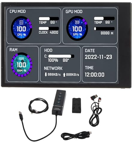 NutriEss Monitor temperatura computer, display IPS da 3,5 pollici, doppio USB C, layout personalizzabile, monitor dati PC CPU GPU RAM per, schermo nero, dimensioni 85x55 mm