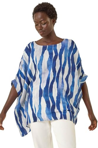 Roman Originals Swirl Print Button Back Top for Women UK - Ladies Everyday Holiday Spring Summer Round Neckline Comfy Soft Evening Vacation Work Party - Blue Abstract - Size 20