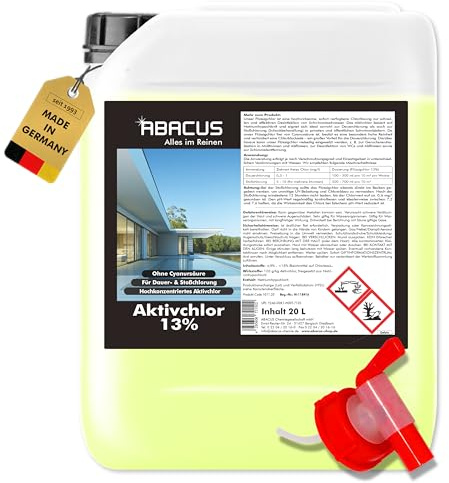ABACUS® Flüssigchlor 13–15 % | 20 Liter Kanister | Poolchlor zur Desinfektion von Pool & Schwimmbad | Hochwirksames Aktivchlor für klare Wasserqualität | Für Dauerchlorung und Stoßchlorung