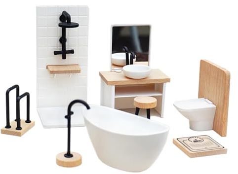 Puppenhaus Zubehör, Puppenschrank Puppenhaus Möbel Badezimmer 9-teiliges Set 1/12 Holz, Miniatur Möbel mit Waschbecken/WC/Badewanne, Miniatur Zubehör für Kinder ab 3 Jahren