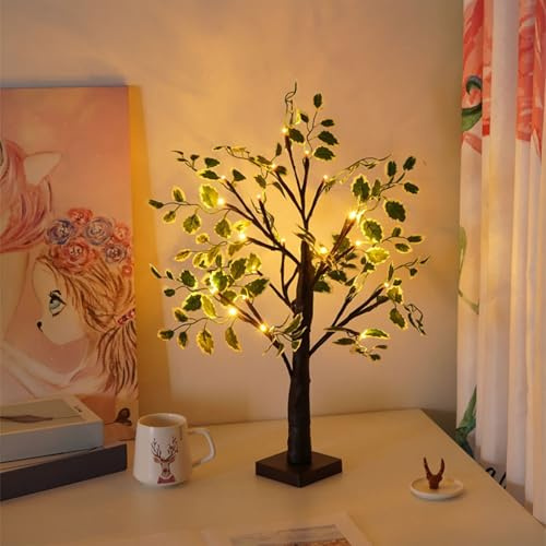 Herbst Deko Eukalyptus Blätter Baum Lichter, Herbstdeko Led Ahornblatt Baum Licht mit Herbstblätter für Tischdeko, LED Leuchten Herbst Dekoration Innen für Zuhause, Hochzeit (#A Schwarz)