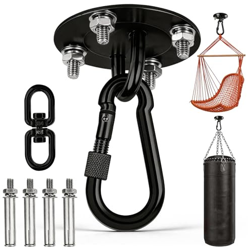 Huanmin Gancio da soffitto per carichi pesanti, nero, per poltrona sospesa, girevole a 360°, supporto fino a 400 kg, in acciaio inox 304, girevole per sacchi da boxe, ganci a dondolo, yoga, amache