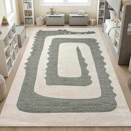 Teppich-Traum Kinderteppich Krokodilmotiv Creme Grün 200x290 cm | Tiermotiv, Dschungel, 3D-Hoch-Tief-Effekt, weicher Kurzflor, pflegeleicht, robust, Fußbodenheizung geeignet, Kinderzimmer