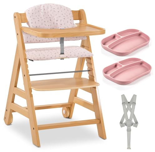 hauck Hochstuhl Alpha Move Natur ab 6 Monaten - inkl. Essbrett, Sitzauflage, 5-Punkt-Gurt und Essteller - Babystuhl mit Rollen aus Holz, mitwachsend & verstellbar - Flowers Rose