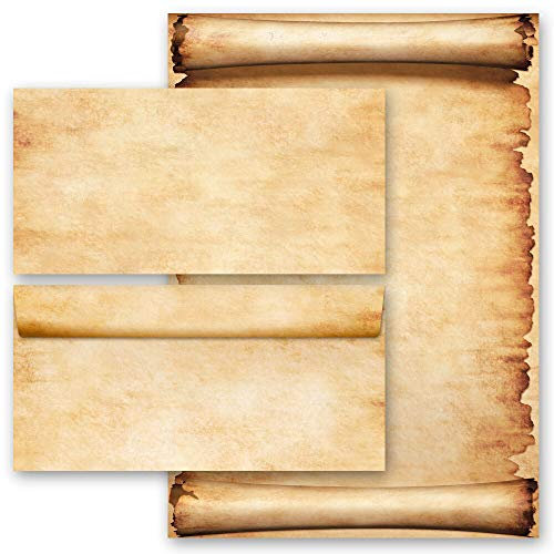Motivpapier Briefpapier Sets Altes Papier Old Style Antik & History, PERGAMENT 50 Blatt Briefpapier + 50 passende Briefumschläge DIN LANG ohne Fenster | Paper-Media