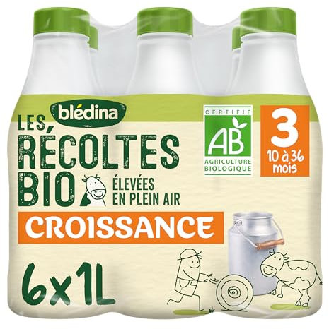 Blédina - Les Récoltes Bio Croissance - Lait Bébé Bio - De 10 à 36 Mois - 6 Bouteilles de 1L