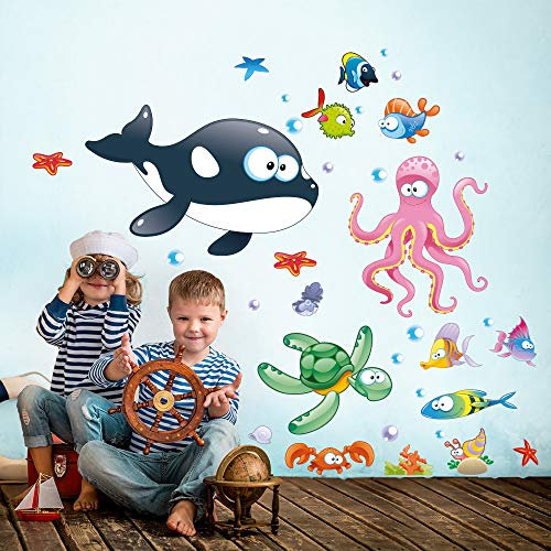 kina - R00195 Baby Wandaufkleber Ökologische und hypoallergene Weicher repositionierbarer Stoffeffekt - Meeresfische Neugeborene Wanddekoration Kinderzimmer selbstklebende Tapete