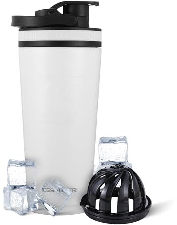 Ice Shaker Isolierte Edelstahl-Shaker-Flasche, 750 ml, weiß, kalt für 30+ Stunden, isolierter Becher mit Rührwerk zum Aufdrehen, geruchsfreie Flasche für Protein-Shakes, Wasser, Smoothies, Cocktails