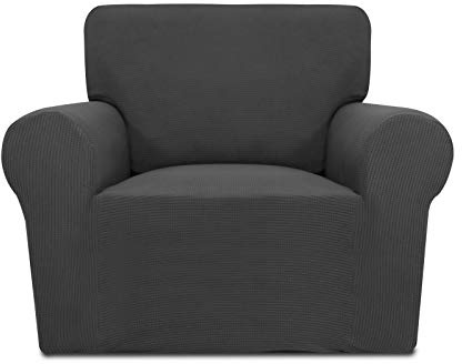 PureFit Stretch Chair Sofa Slipcover – Spandex Jacquard Non Slip Soft Couch Sofa Cover, Washable Furniture Protector with Non Skid Foam and Elastic Bottom for Kids (Chair, Dark Gray)