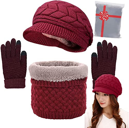CheChury Mütze Schal Set Damen Wintermütze Warm Strickmütze Touchscreen Handschuh Winter Kombi Set Beanie Mit Pompon Grobstrick Geschenk Winterzubehör Warm Outdoor Sport