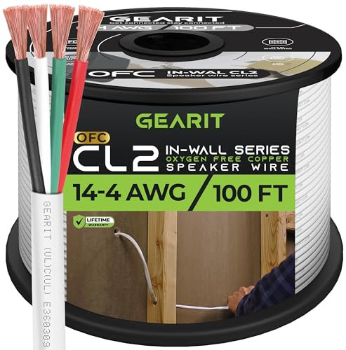 GearIT 14/4 Speaker Wire (100 Feet) 14AWG Gauge - Fire Safety In Wall Rated Audio Speaker Wire Cable / CL2 Rated / 4 Conductors - OFC Oxygen-Free Copper, White 100ft