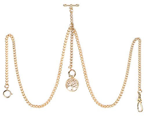 SIBOSUN Pocket Watch Double Albert T Bar Chain With 3 Hook Antique Fob Curb Link for Men - Life Tree Pendant Design, 1.1 Life Tree Gold, Retro