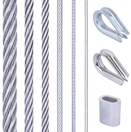 Seilwerk STANKE Corde à linge, Câble d’acier galvanisé gainé (couche PVC) 20m 6x7 6mm, 4x Manchon de serrage, 2x Cosse-cœur en acier inoxydable
