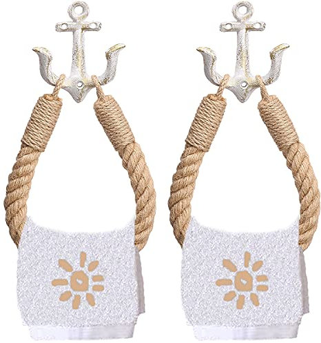 Amerla Toilettenpapierhalter mit nautischem Seil, Wandmontage, Handtuchring, nautischer Toilettenpapierhalter mit Metallhaken, Küstenhandtuchhalter, natürliches antikes Seil (weiß + weiß), 2 Stück