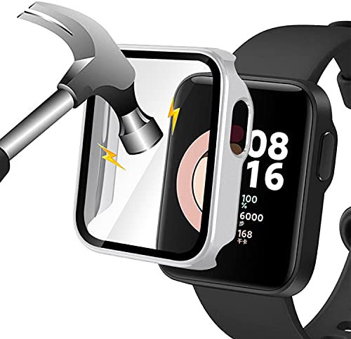Akancy Custodia rigida compatibile con mi watch lite con pellicola protettiva, 9H Durezza Hart PC Case sottile in vetro temperato per Smart mi watch lite, d'argento