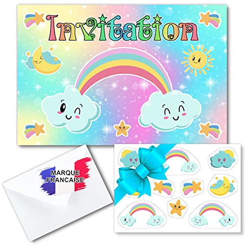 Kit créatif carte invitation anniversaire fille en français sur le thème ARC EN CIEL pour 20 invités (20 cartons d invitation + 20 enveloppes + 2 planches de 10 stickers). Idéal enfants de 4 à 10 ans