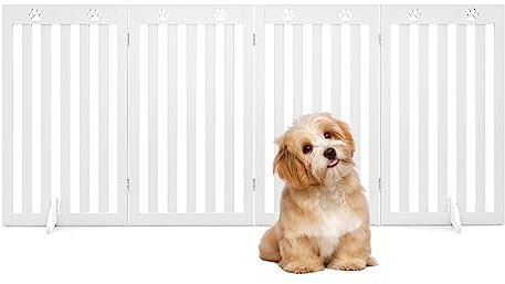 COSTWAY Barrière Autoportante pour Chien 4 Panneaux en Bois 89,5 cm Charnières Métalliques Pivotant à 360° sans Perçage pour Maison Escaliers Portes Blanc