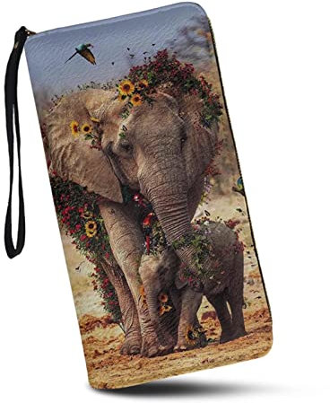 SCRAWLGOD Geldbörsen für Damen und Mädchen, Reißverschluss, Kartenhalter, Clutch, PU-Leder, lange Geldbörse, Organizer, Zubehör, Elefanten-Sonnenblume, Casual