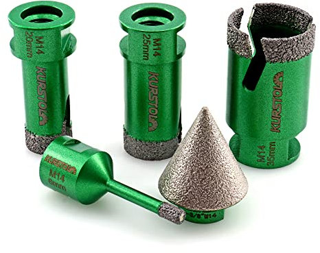 KURSTOL Tile Hole Saw Set - 4pcs Diamond Core Drill Bits 6/20/25/35mm 1pc Beveling Chamfer Bit 35mm M14 thread for Shaping Enlarging Porcelain Ceramic Tile Granite Marble Angle Grinder