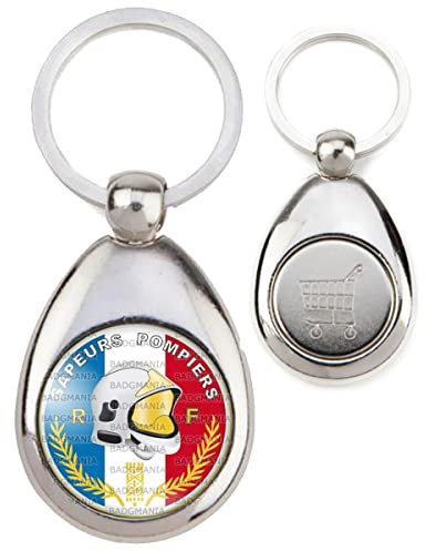 Badgmania Porte Clés Métal Goutte Jeton de Caddie SP Casque F1 Sapeurs Pompiers Bleu Blanc Rouge Firefighter