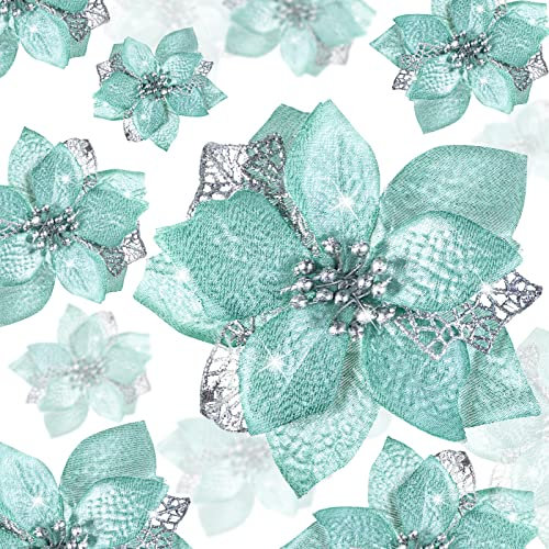 Geosar 72 Stück 3 Größe Weihnachten Glitzer Poinsettia Hochzeit Künstliche Blumen Weihnachten Blumen Dekoration Ornament für Weihnachtsbaum Neujahr Heim Outdoor Dekoration (Mintgrün)